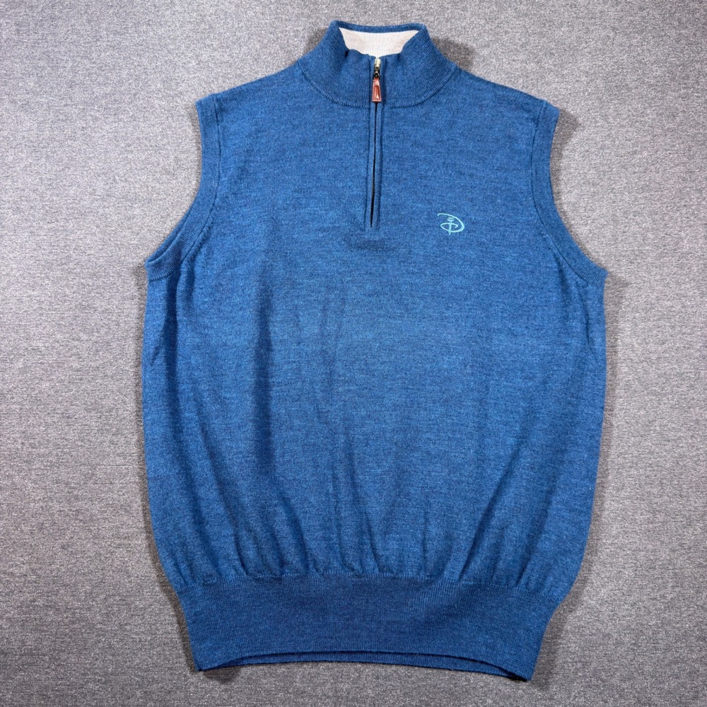 Peter Millar Sweater Vest Mens M Blue 100% Merino Wool Quarter Zip Disney Golf